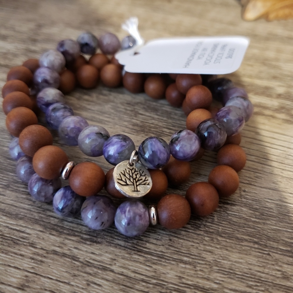 Charoite & Sandalwood Mala Bracelet Stack BNWT